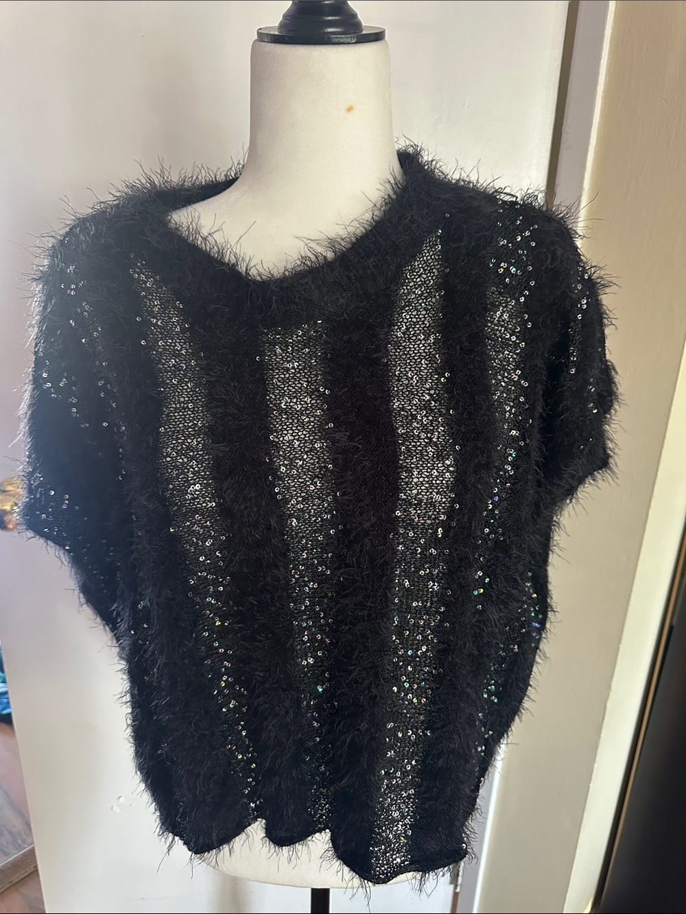 Women's Black Fuzzy Sequin Scoop Neck Sweater